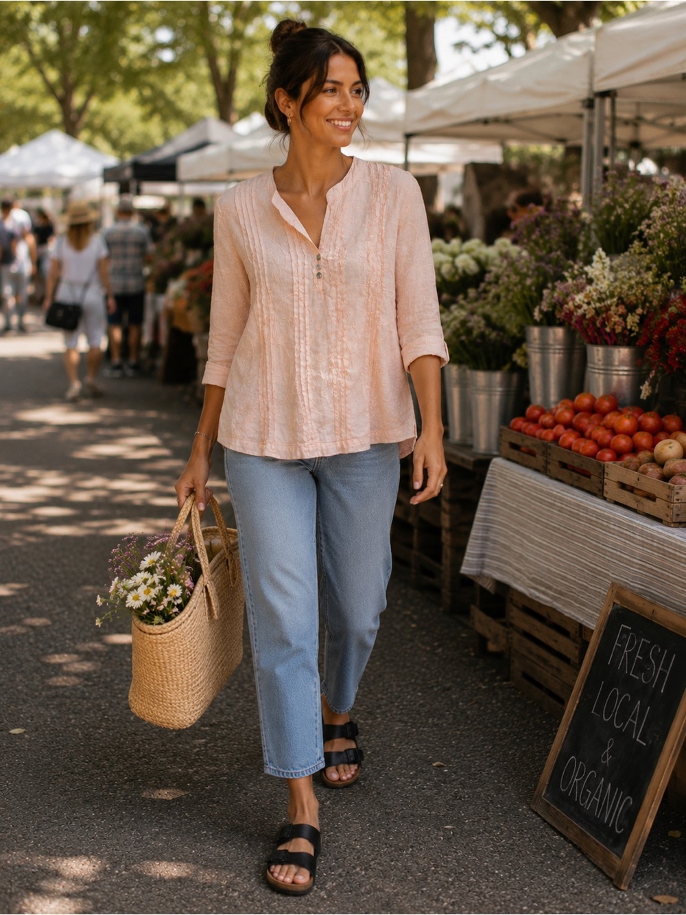 St. Tropez West 100% Linen Embroidered Pintuck Blush Pink Tunic Blouse Medium
